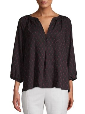 JOIE Black & Pink GLORIA Pleated Diamond-Print 3/4 Sleeve Blouse or Top S